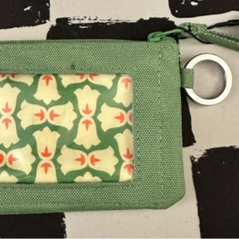 Vera Bradley Zip ID Wallet Fluorite Green w/ Key Ring Top Zipper Fabric Tab NWT
